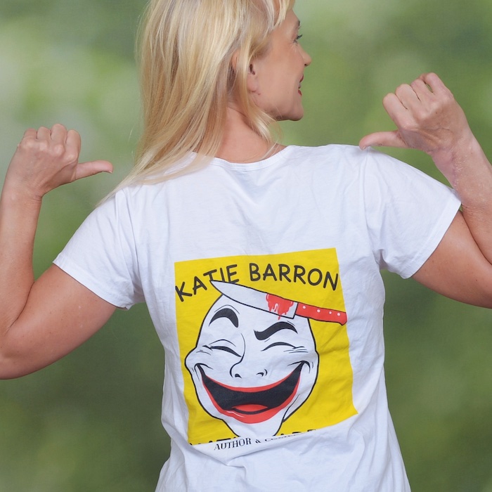 Model wearing merchandise t-shirt with logo design